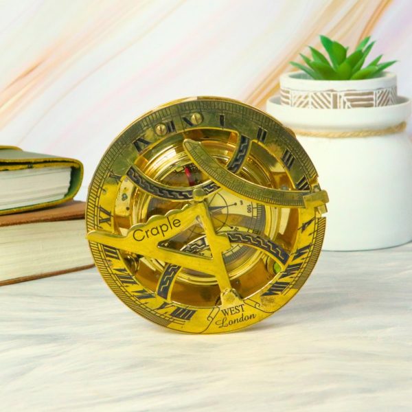 Handcrafted Adjustable Shiny Brass Sundial Compass | West London Style, Water Level, Needle Stop | Precision Desktop Instrument & Gift - Image 1