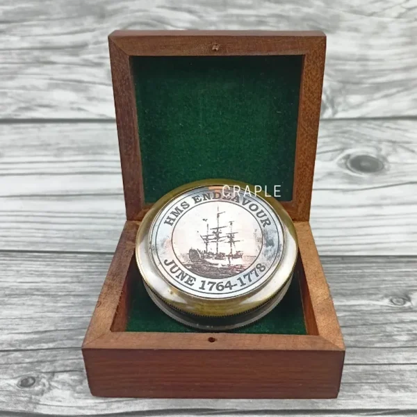 Handcrafted Antique Brass HMS Endeavour Compass | Dual Engraved Lid, Precision Navigation | Maritime Collector's Piece - Image 1
