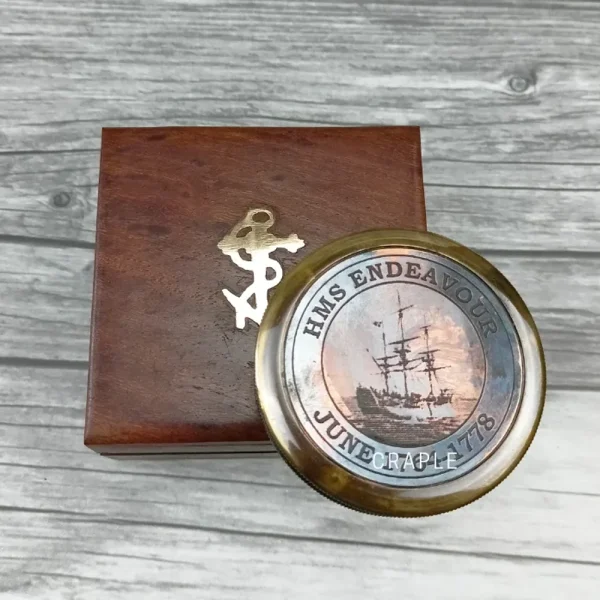 Handcrafted Antique Brass HMS Endeavour Compass | Dual Engraved Lid, Precision Navigation | Maritime Collector's Piece - Image 2