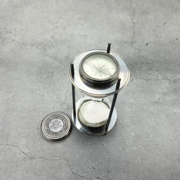 Dual Compass 5-Minute Sand Timer | Black Antique Brass, Engraved Lid, White Sand | Nautical Decor & Unique Gift - Image 5