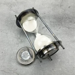 Dual Compass 5-Minute Sand Timer | Black Antique Brass, Engraved Lid, White Sand | Nautical Decor & Unique Gift - Image 2