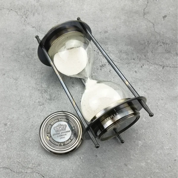 Dual Compass 5-Minute Sand Timer | Black Antique Brass, Engraved Lid, White Sand | Nautical Decor & Unique Gift - Image 2
