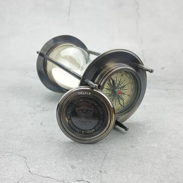 Dual Compass 5-Minute Sand Timer | Black Antique Brass, Engraved Lid, White Sand | Nautical Decor & Unique Gift - Image 3