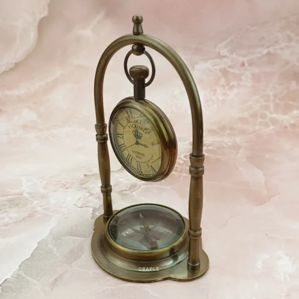 Antique Brass Hanging Clock with Base Compass | Victoria London 1918 Style | Vintage Desk Decor & Nautical Gift - Image 2