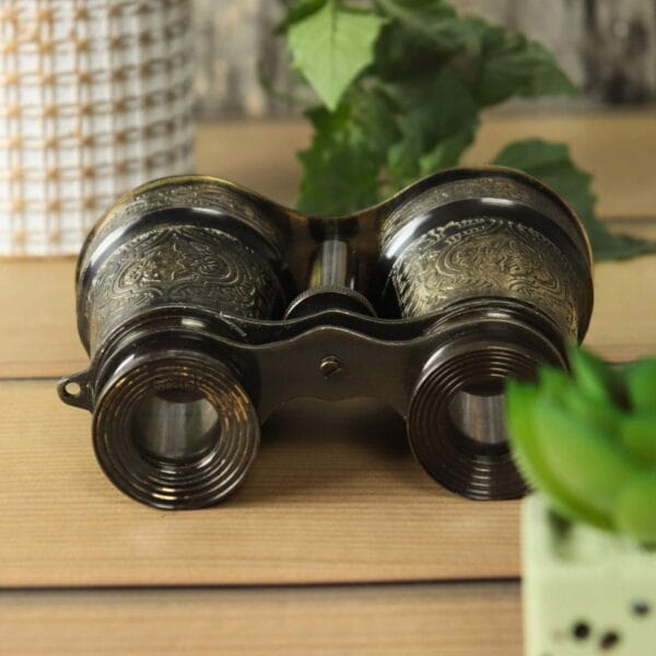 Angled top-down perspective of Victorian-style engraved binoculars, highlighting the detailed patterns on the barrels.