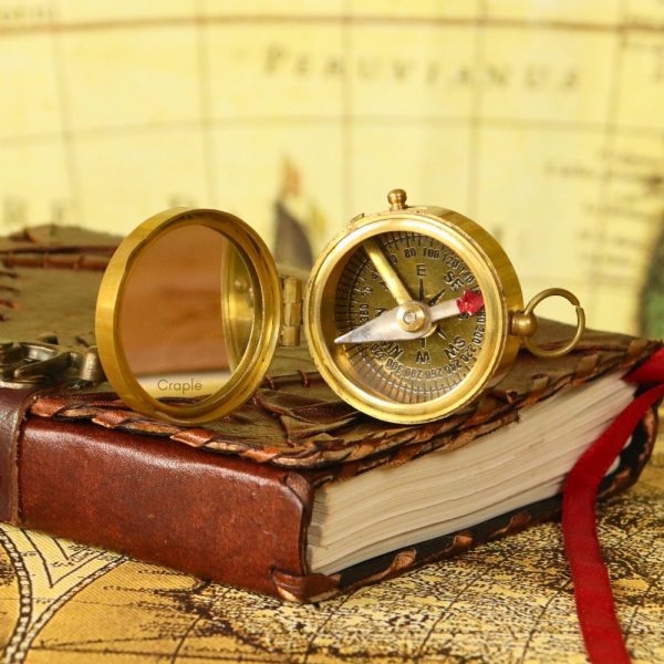Shiny Brass Pocket Compass with Mirror | Handcrafted Precision, Sliding Needle Stop, Chain Included | Multi-Functional Navigational Gift - Image 3