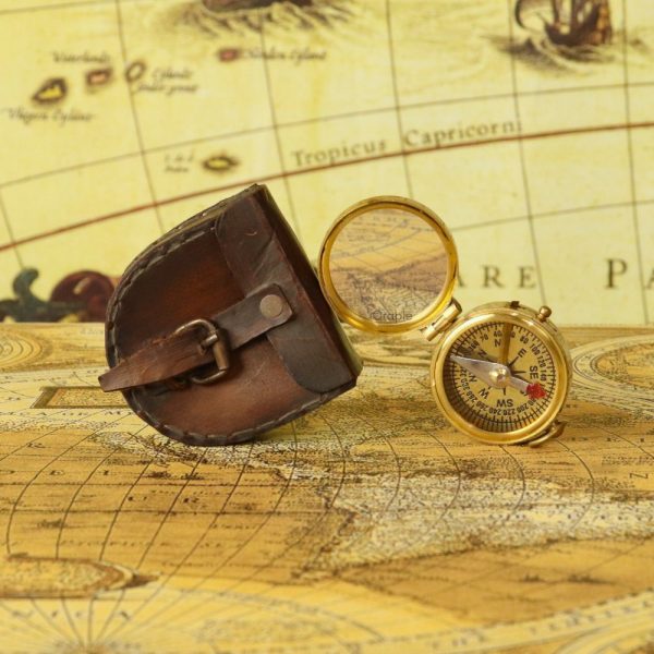 Shiny Brass Pocket Compass with Mirror | Handcrafted Precision, Sliding Needle Stop, Chain Included | Multi-Functional Navigational Gift - Image 2