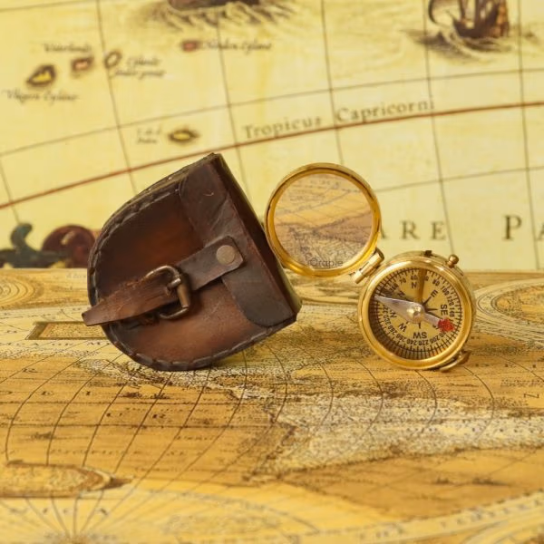 Shiny Brass Pocket Compass with Mirror | Handcrafted Precision, Sliding Needle Stop, Chain Included | Multi-Functional Navigational Gift - Image 2