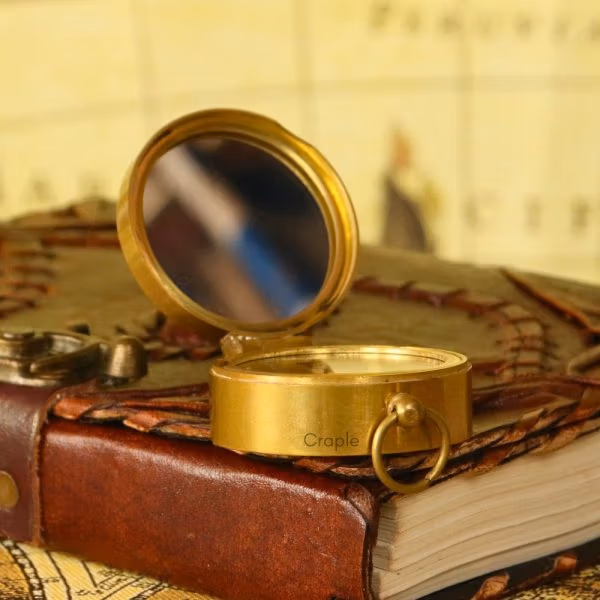 Shiny Brass Pocket Compass with Mirror | Handcrafted Precision, Sliding Needle Stop, Chain Included | Multi-Functional Navigational Gift - Image 6