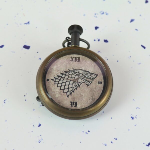 Direwolf Sigil Antique Brass Pocket Watch | Handcrafted, Miyota Movement, Roman Numerals & Chain | Fantasy Inspired Timepiece Gift - Image 3