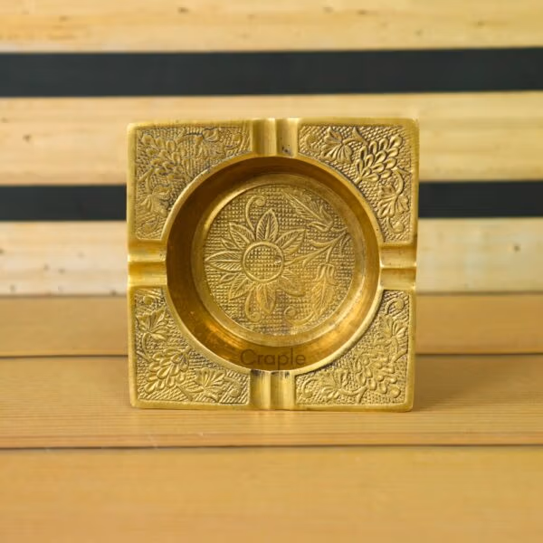Handmade Square Brass Ashtray | Vintage Style, Embossed Floral Detail | Unique Desk Decor & Smoker's Gift - Image 4