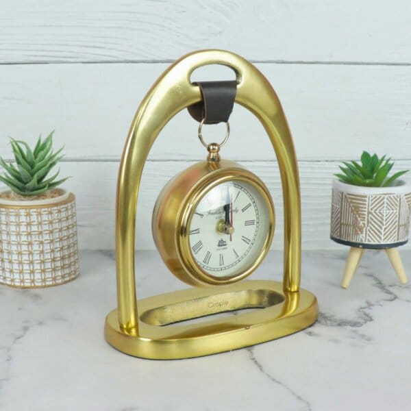 Hanging Golden Aluminium Desk Clock | Arch Frame, Leather Strap | Handcrafted Modern Decor & Gift - Image 4