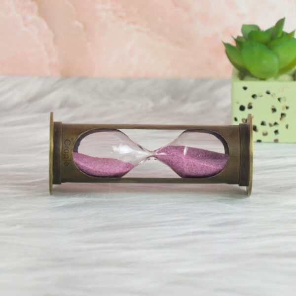 Cylindrical 1-Minute Sand Timer | Antique Brass, Purple Sand, Vintage Craple Design | Petite Desk Decor & Gift - Image 2