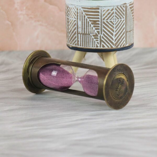 Cylindrical 1-Minute Sand Timer | Antique Brass, Purple Sand, Vintage Craple Design | Petite Desk Decor & Gift - Image 3
