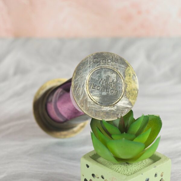 Cylindrical 1-Minute Sand Timer | Antique Brass, Purple Sand, Vintage Craple Design | Petite Desk Decor & Gift - Image 4