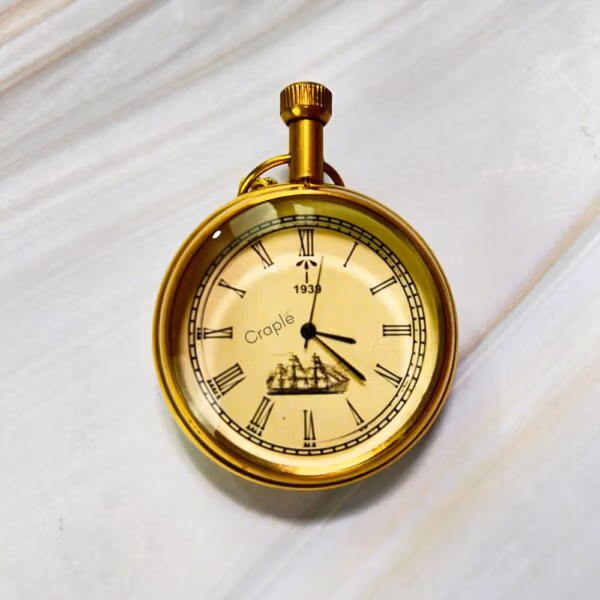 1939 Brass Pocket Watch | Miyota Movement, Nautical Ship Dial, Chain | Vintage Inspired Timepiece Gift - Image 3