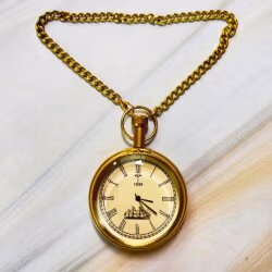 1939 Brass Pocket Watch | Miyota Movement, Nautical Ship Dial, Chain | Vintage Inspired Timepiece Gift - Image 4