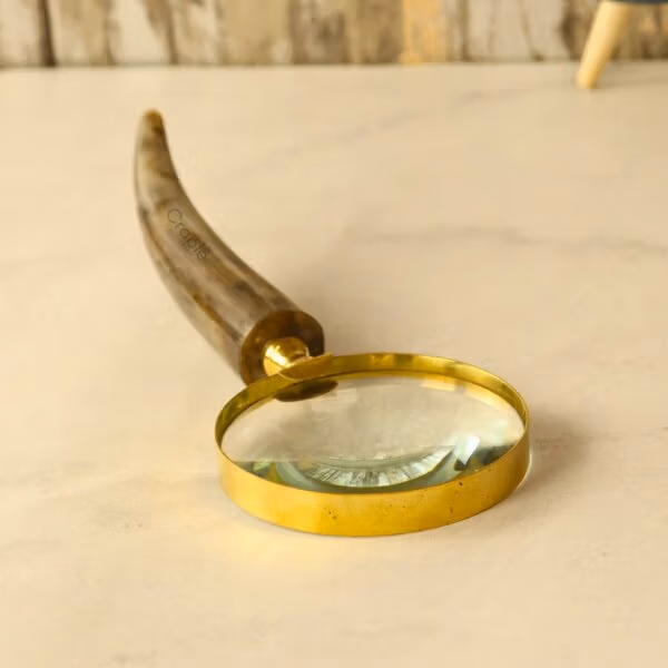 Horn Shaped Handle Magnifier | Shiny Brass, Clear Lens | Rustic Reading Aid & Desk Gift - Image 5