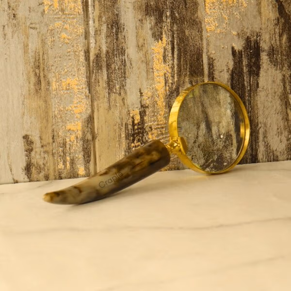 Horn Shaped Handle Magnifier | Shiny Brass, Clear Lens | Rustic Reading Aid & Desk Gift - Image 2
