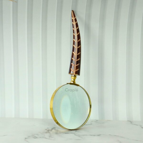 Carved Feather Handle Brass Magnifier | Shiny Finish, Clear Lens | Elegant Reading Tool & Nature Decor Gift - Image 3