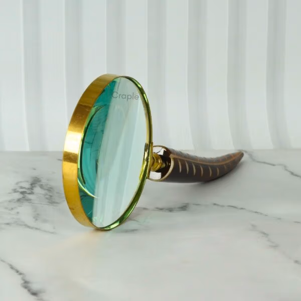 Carved Feather Handle Brass Magnifier | Shiny Finish, Clear Lens | Elegant Reading Tool & Nature Decor Gift - Image 2