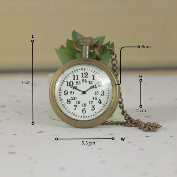 24 Hour Dial Pocket Watch | Shiny Brass, Handcrafted, Miyota Movement & Chain | Military Style Timepiece Gift - Image 6