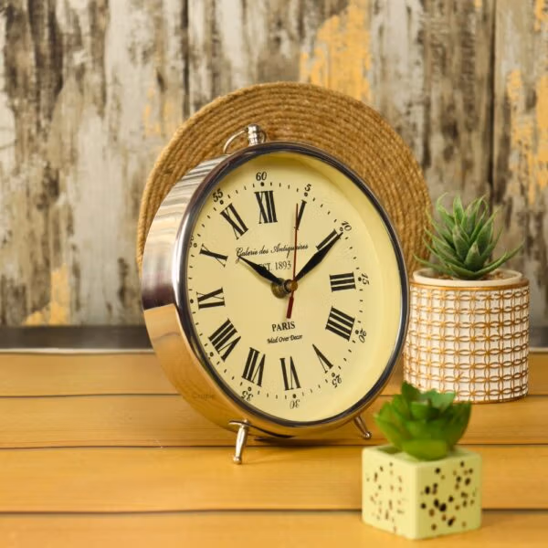 Nickel Finish Aluminium Desk Clock | Handcrafted, Vintage Alarm Style, Roman Numerals | Paris Inspired Tabletop Decor - Image 2