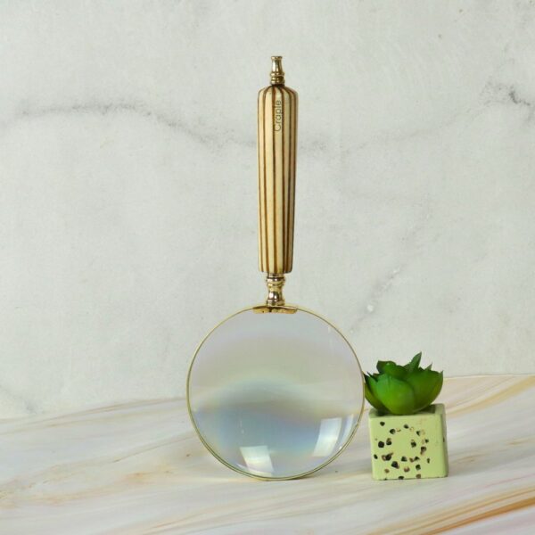 Fluted Striped Handle Magnifier | Shiny Brass, Clear Lens | Elegant Reading Aid & Desk Decor - Image 4
