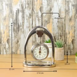 Hanging Silver Aluminium Desk Clock | Arch Frame, Leather Strap Detail | Modern Tabletop Decor & Gift - Image 5