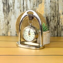 Hanging Silver Aluminium Desk Clock | Arch Frame, Leather Strap Detail | Modern Tabletop Decor & Gift - Image 4