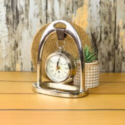 Hanging Silver Aluminium Desk Clock | Arch Frame, Leather Strap Detail | Modern Tabletop Decor & Gift - Image 4