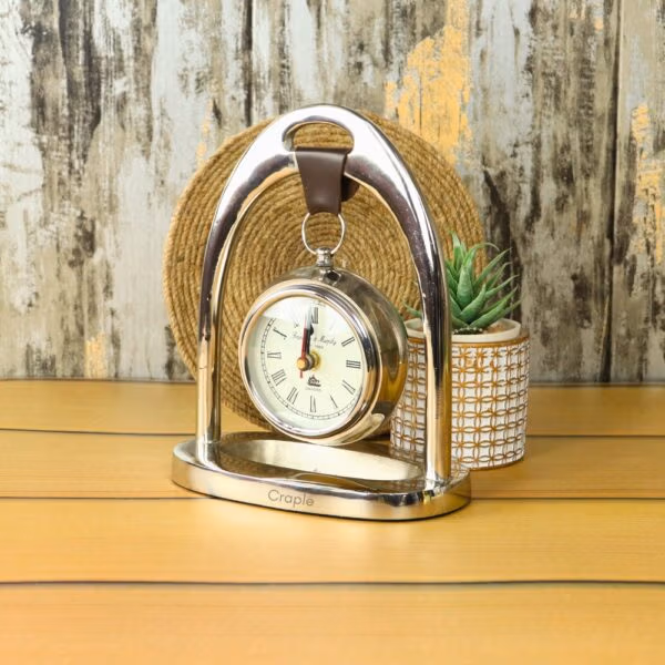 Hanging Silver Aluminium Desk Clock | Arch Frame, Leather Strap Detail | Modern Tabletop Decor & Gift - Image 4