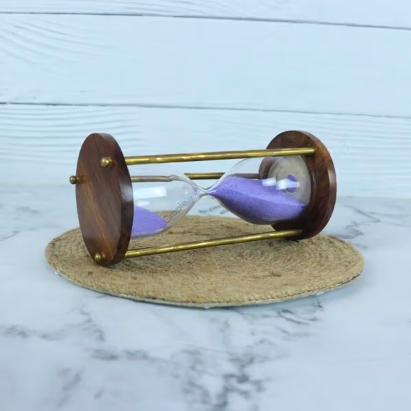 Vintage Brass & Wood 5 Min Hourglass | Sky Blue - Image 3