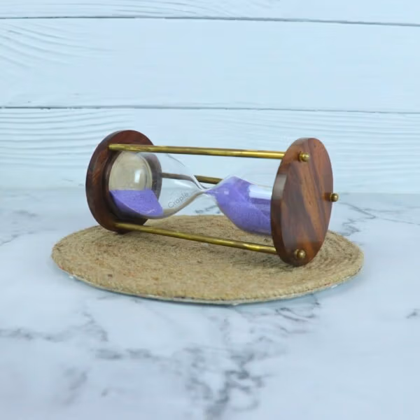 Vintage Brass & Wood 5 Min Hourglass | Sky Blue - Image 2