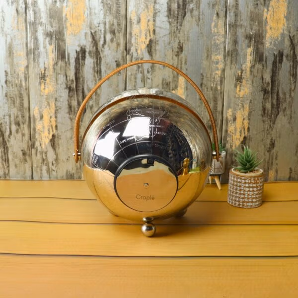 Globe-Shaped Nickel Steel Table Clock | Etched Map Detail, Leather Handle | Worldly Desk Decor & Unique Gift - Image 5