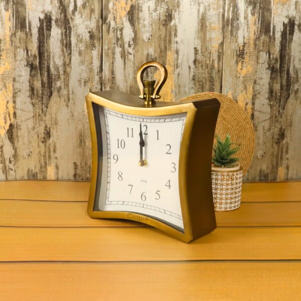 Warped Square Tabletop Clock & Hanging Clock | Antique Brass, Standard Numerals | Artistic Desk Decor & Gift - Image 2