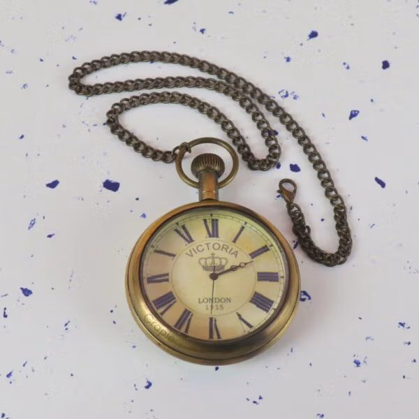 Victoria London 1915 Pocket Watch | Antique Brass, Miyota Movement, Crown Motif & Chain | Royal Inspired Timepiece Gift - Image 3