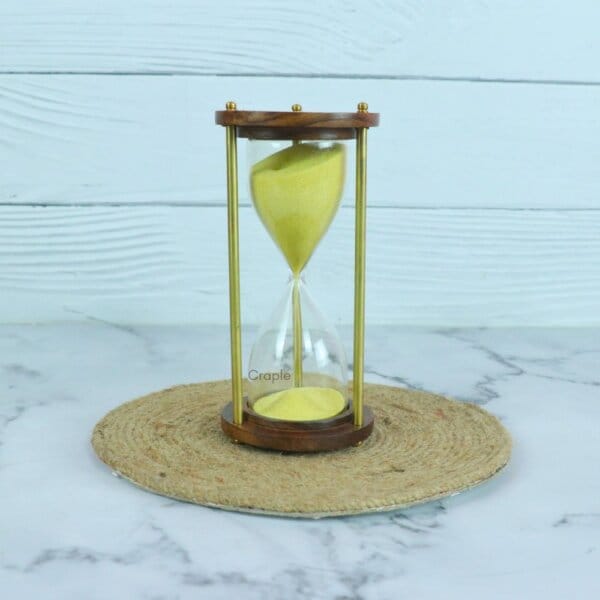 Classic Wood & Brass 3-Minute Hourglass | Sunny Yellow Sand, Shiny Accents | Elegant Desk Timer & Decor - Image 1