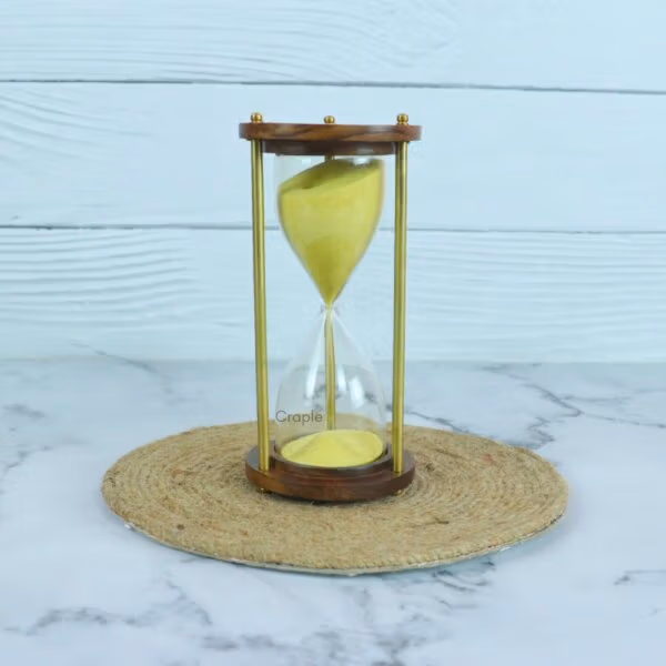 Classic Wood & Brass 3-Minute Hourglass | Sunny Yellow Sand, Shiny Accents | Elegant Desk Timer & Decor - Image 1