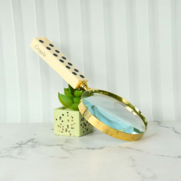 Domino Handle Shiny Brass Magnifier | Playful Design, Clear Lens | Reading Aid & Unique Desk Gift - Image 3