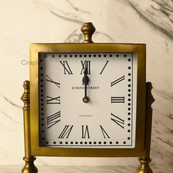 Tilting Square Antique Brass Table Clock | 49 Bond Street Style, Roman Numerals | Handcrafted Desk Decor & Executive Gift - Image 2