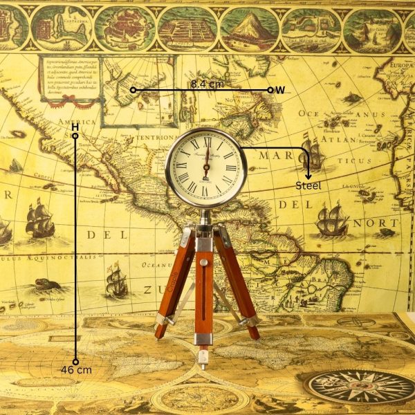 Adjustable Tripod Desk Clock | Nickel Finish Brass Head, Wood & Steel Stand | Vintage Surveyor Style Decor Gift - Image 7