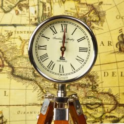 Adjustable Tripod Desk Clock | Nickel Finish Brass Head, Wood & Steel Stand | Vintage Surveyor Style Decor Gift - Image 6