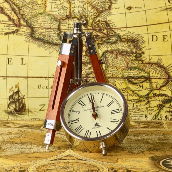 Adjustable Tripod Desk Clock | Nickel Finish Brass Head, Wood & Steel Stand | Vintage Surveyor Style Decor Gift - Image 3