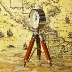 Adjustable Tripod Desk Clock | Nickel Finish Brass Head, Wood & Steel Stand | Vintage Surveyor Style Decor Gift - Image 2