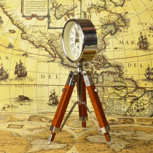 Adjustable Tripod Desk Clock | Nickel Finish Brass Head, Wood & Steel Stand | Vintage Surveyor Style Decor Gift - Image 2
