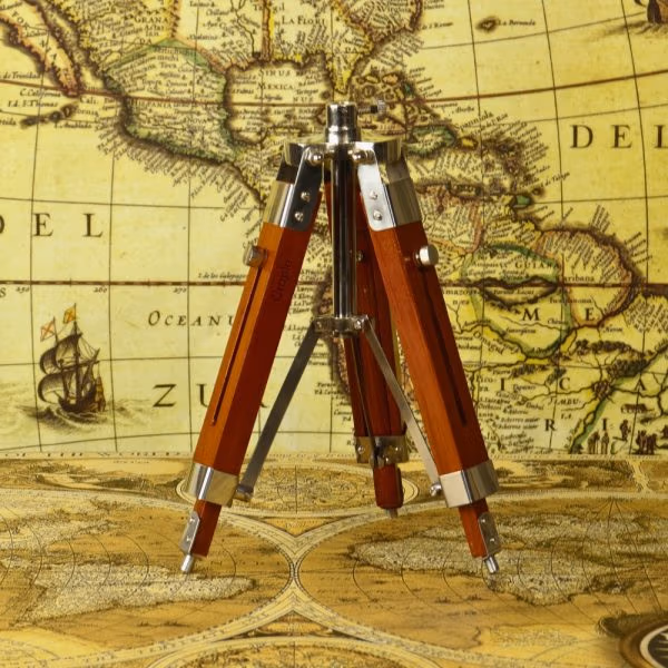 Adjustable Tripod Desk Clock | Nickel Finish Brass Head, Wood & Steel Stand | Vintage Surveyor Style Decor Gift - Image 5