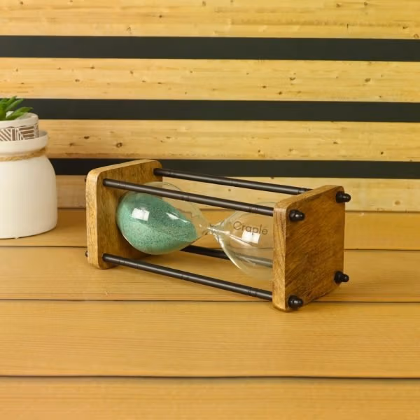 10-Minute Natural Wood & Brass Sand Timer | Antique Black Pillars, Dark Green Sand, Classic Design | Focus Aid & Rustic Decor Gift - Image 5