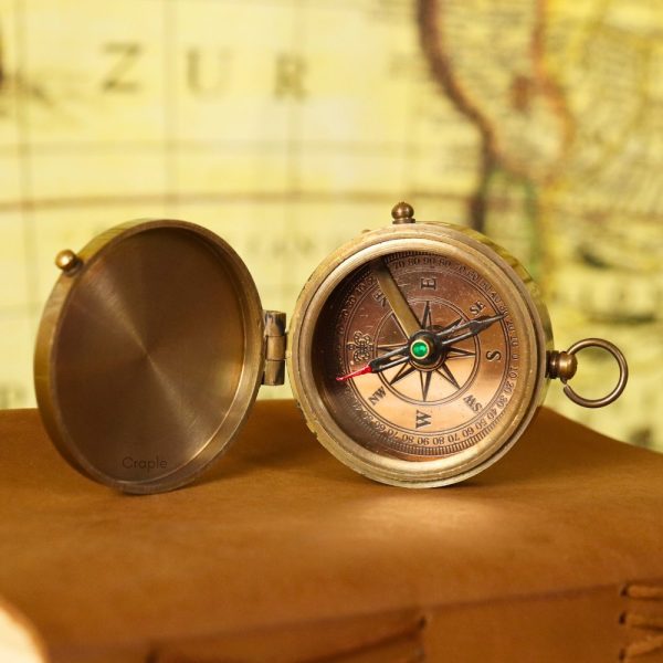 Small Antique Brass Pocket Compass | Handcrafted Precision, Sliding Needle Stop, Chain Included | Vintage Navigational Keepsake - Image 2
