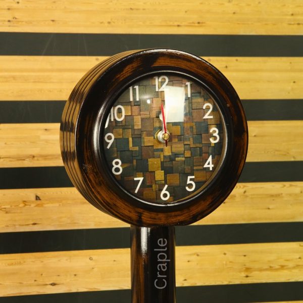 Tall Handcrafted Wooden Pedestal Clock | Brown Black Antique Finish, Unique Dial | Vintage Desk & Shelf Decor Gift - Image 2
